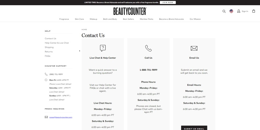 Beauty Counter contact us page