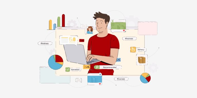 Website manager using a laptop alongside analytics and customer review graphics