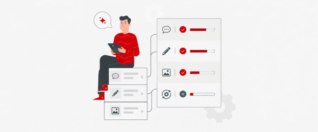Illustration of AI tools for WordPress, including chat, content editing and automation
