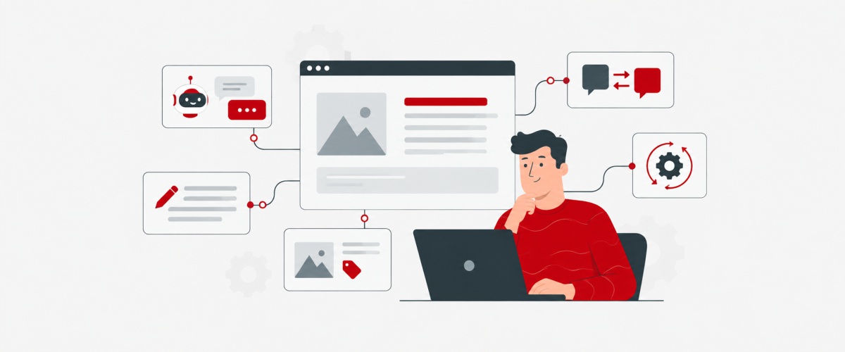 Illustration of a WordPress AI assistant answering a visitor and passing an enquiry to a business owner
